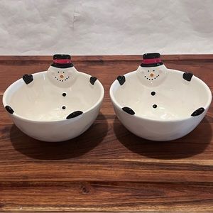 TWO (2) Magenta Ceramic Snowman Snack Bowls White/Black/Red